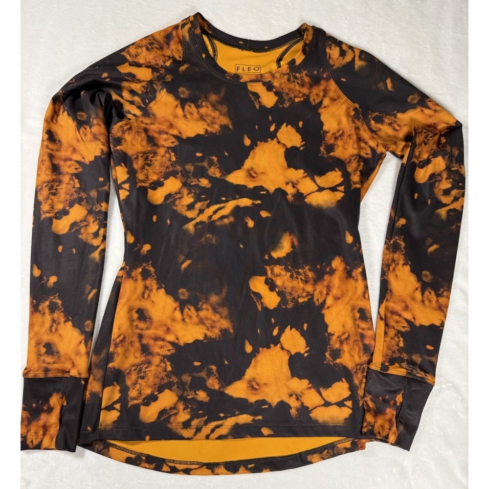 FLEO Womens Medium Orange Black Tie Dye Athletic Long Sleeve Thumbhole Top